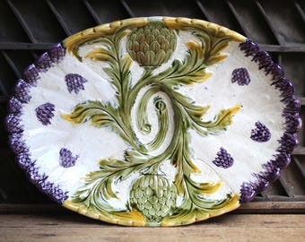 アンティークマジョリカのアスパラガスプレート - フランス製バルボ