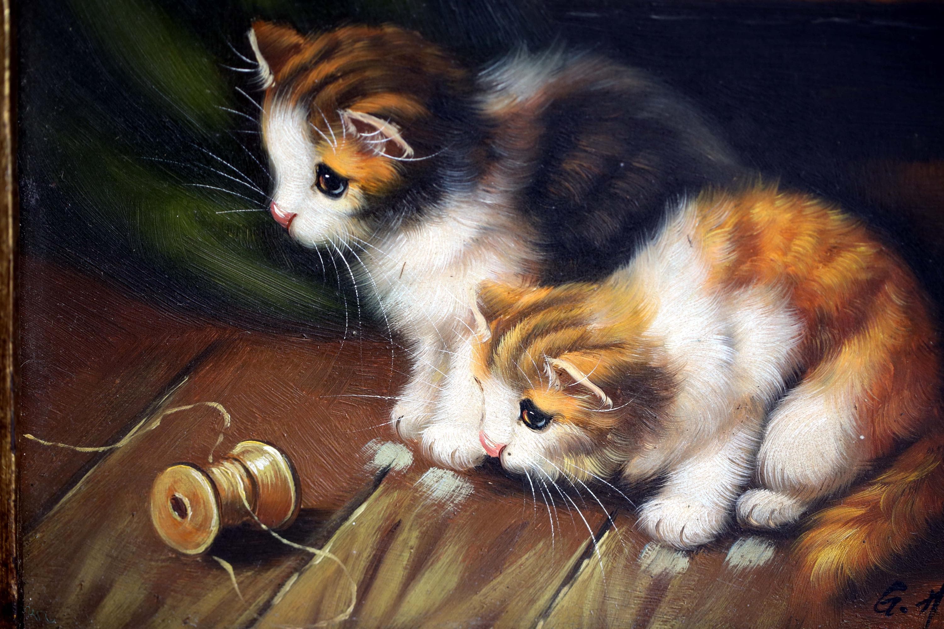 油絵　猫 G Homanによるオリジナルの子猫の油絵ヴィンテージ金箔フレーム猫と