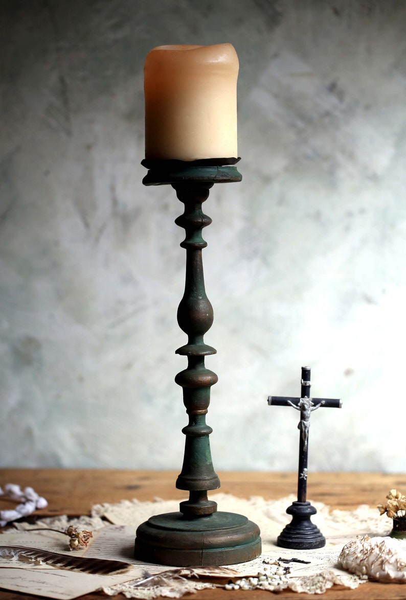 Antique Candlestick Large Green Painted Carved Wooden French Church Alter Candle Holder image 1