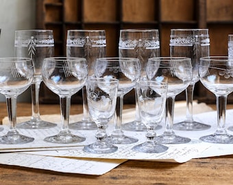 Collection of 13 Antique Crystal Port Glasses Engraved Aperitif Glasses Baccarat