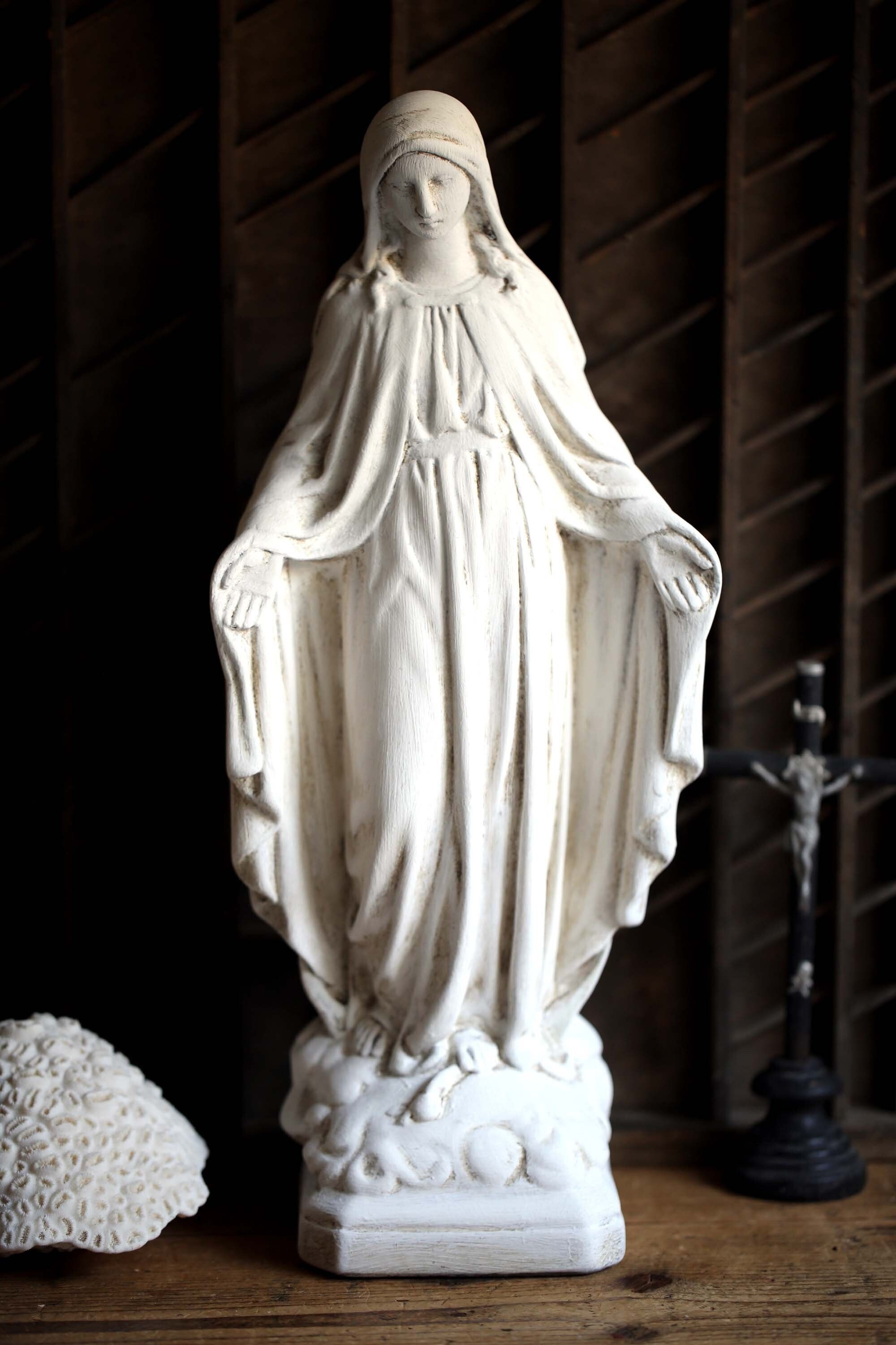 Antique Marie Statue Grand Français Craie Blanche Miraculeuse Vierge Figurine Madonna