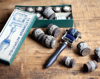 Antiguo rodillo de tinta de bordado francés y sellos de tinta para tela o papel, bloques de impresión de festón antiguos, Festonneur Automatique