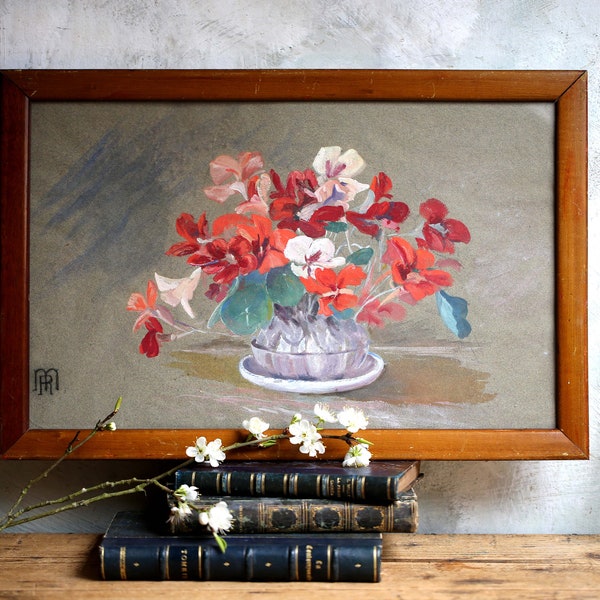 Antique French Painting Nasturtiums in Glass Flower Frog Framed Floral Watercolor Art Signed R.Mouton