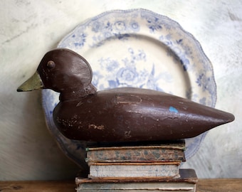 Antique French Decoy Duck Primitive Wooden Bird Lure Distressed Carved Folk Art Bird Statue