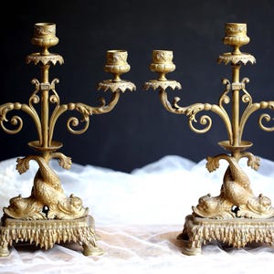 Pair Of Antique French Dolphin Candlesticks Ormolu Candelabras Gilded Bronze Candle Holders