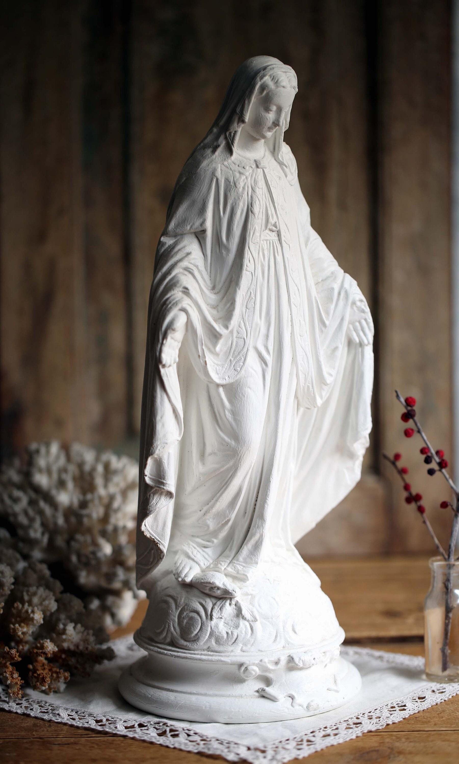 Grande Antique Français Craie Miraculeuse Vierge Marie Statue Madonna
