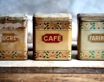 Set of 3 Antique Canisters French Coffee Sugar Tins Kitchen Storage Containers Art Deco