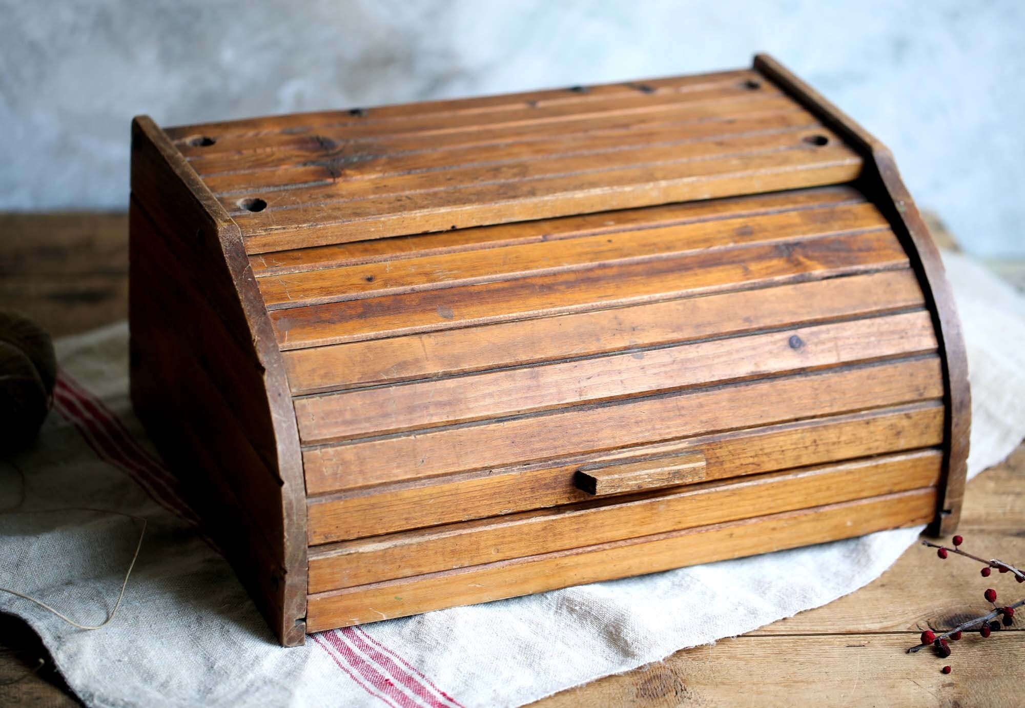 Vintage Français Boîte à Pain Rouleau en Bois Top Bread Bin Cuisine Rangement