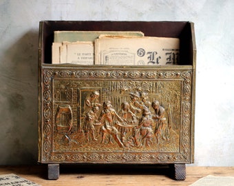 Brass Repousse Magazine Rack Antique Old French Newspaper Storage Box