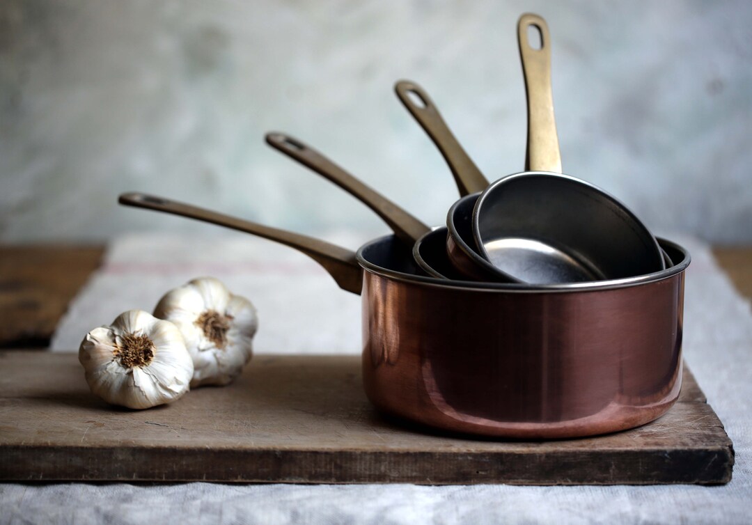 Set of 4 French Copper Pans Saucepans Brass Handles Etsy