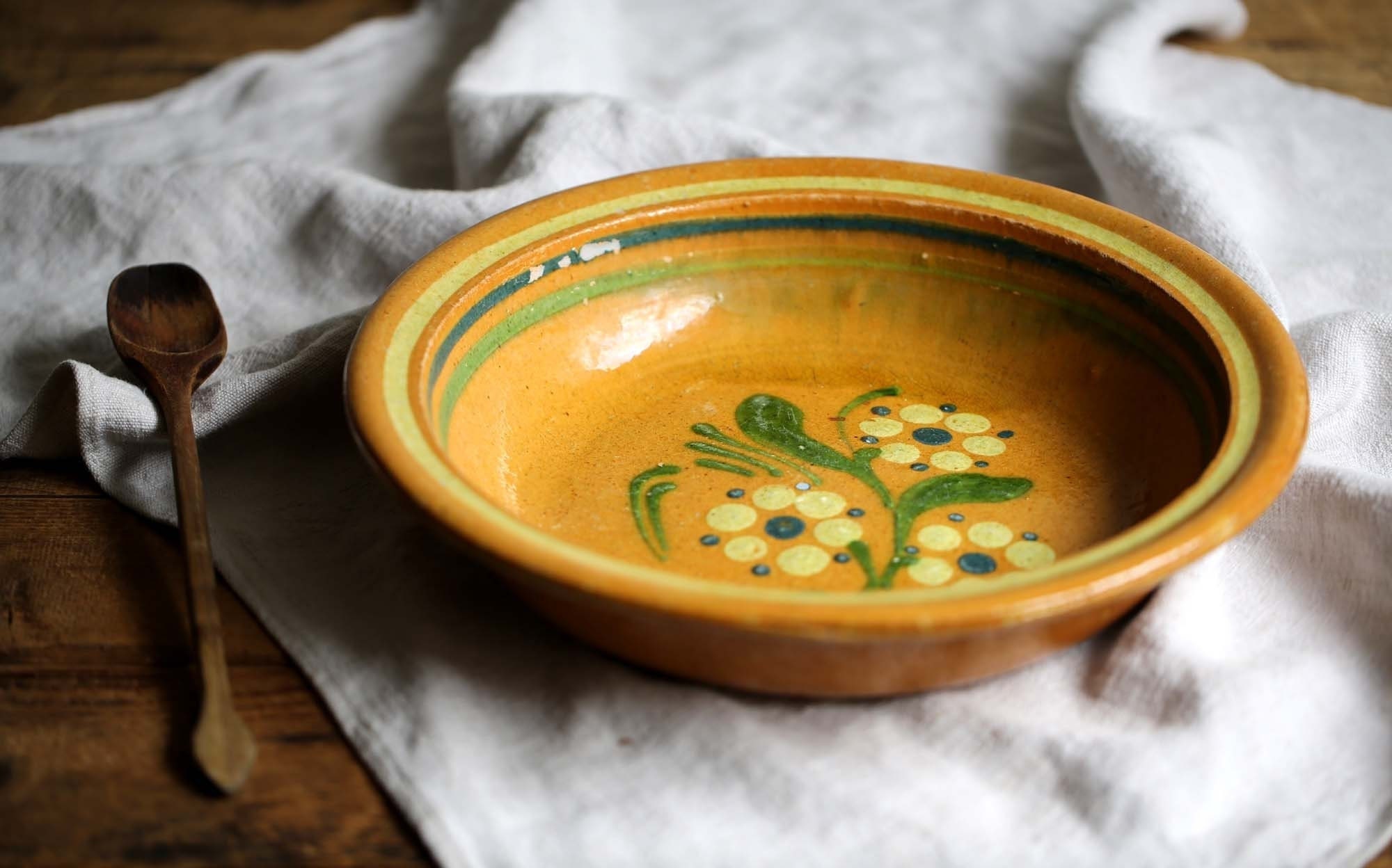 Grand Plat à Tarte Antique Primitif Assiette en Céramique Ocre Jaune Rustique Florale Terre Cuite Bo