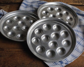 Set of 3 Metal Snail Serving Dishes Aluminium Shellfish or Hors d'Oeuvre Pans Vintage French Escargots