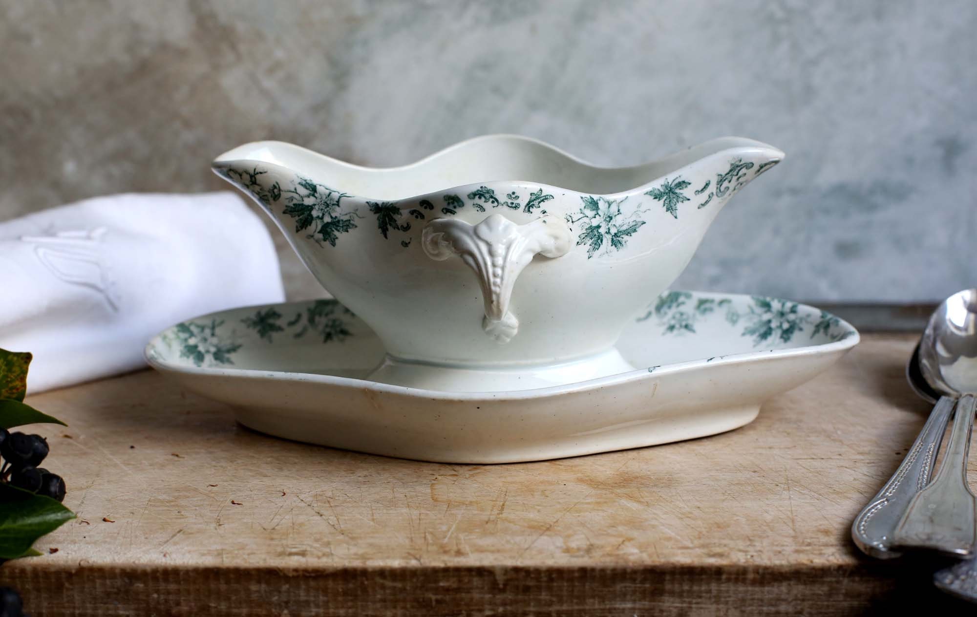 Antique French Ironstone Green Transferware Gravy Boat Sauce Etsy