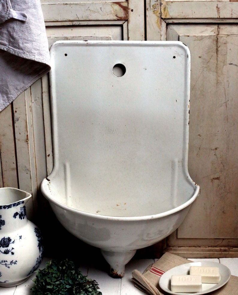Antique Enamel Wall Mounted Sink Wash Bowl Enamelware Vintage Etsy