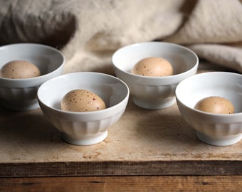 Set of 4 Vintage White Cafe au Lait Bowls French Faceted Porcelain Bowls