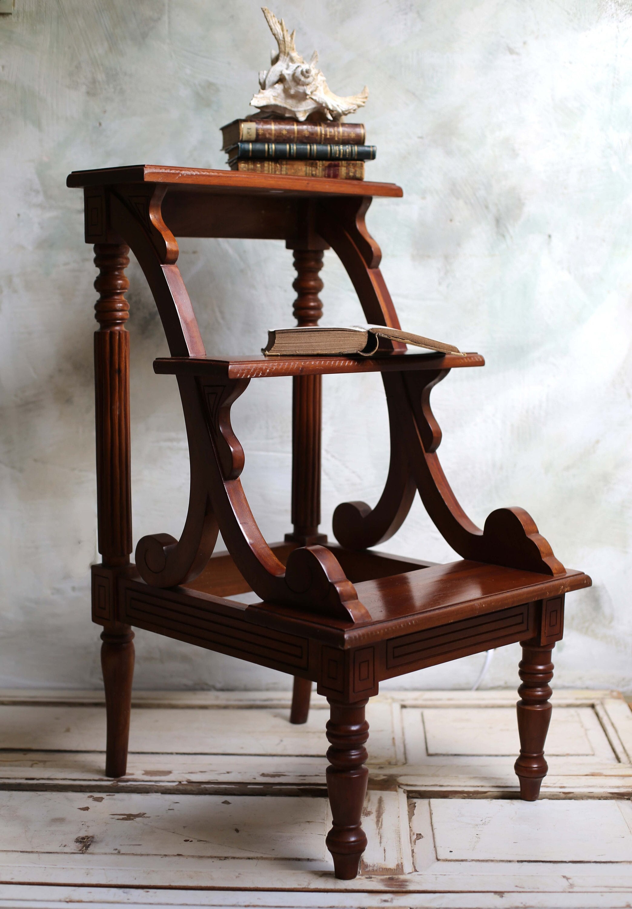 French Library Steps Neo Classical Style Vintage 3 Tier Mahogany Library Ladder Etsy