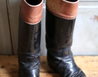 Antique French Black Leather Cavalry Boots Equestrian Footwear