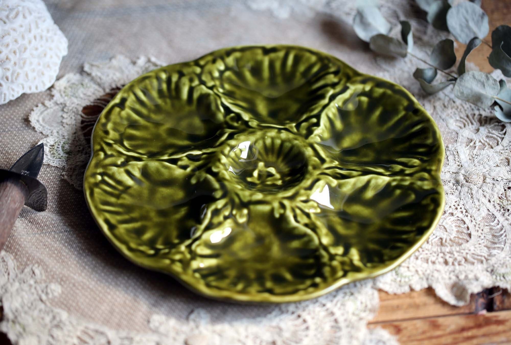 Assiette d'huîtres Vintage Français Assiette de Service Majolique Verte Gien