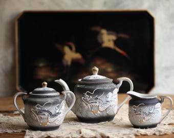 Vintage Moriage Dragon Ware Tea Set: Japanese Porcelain Teapot, Creamer & Sugar Bowl