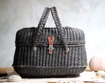 Large Antique French Sewing Basket Black Wicker with Two Straps