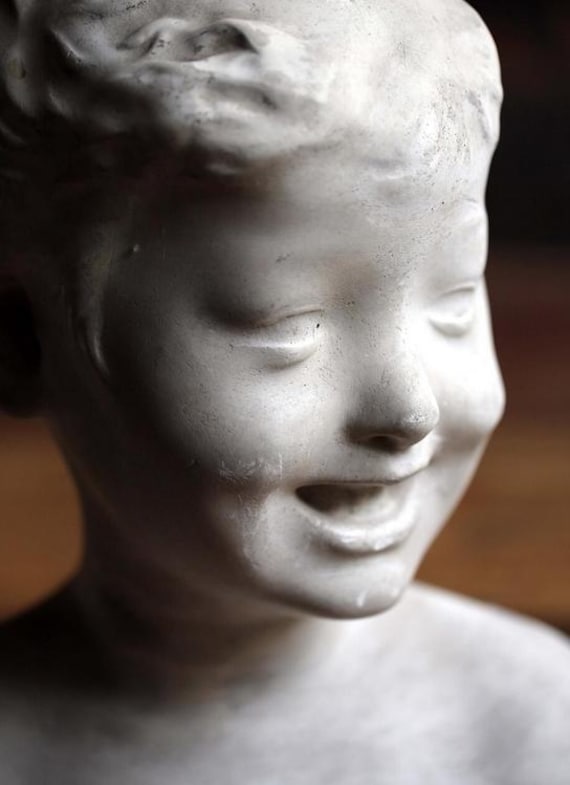 Large Antique Bust Laughing Child Plaster Statue of a Boy