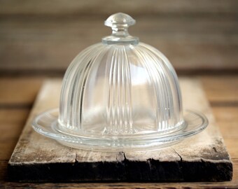 Vintage French Cheese Dome Clear Glass Bell & Plate Food Cover Table Cloche