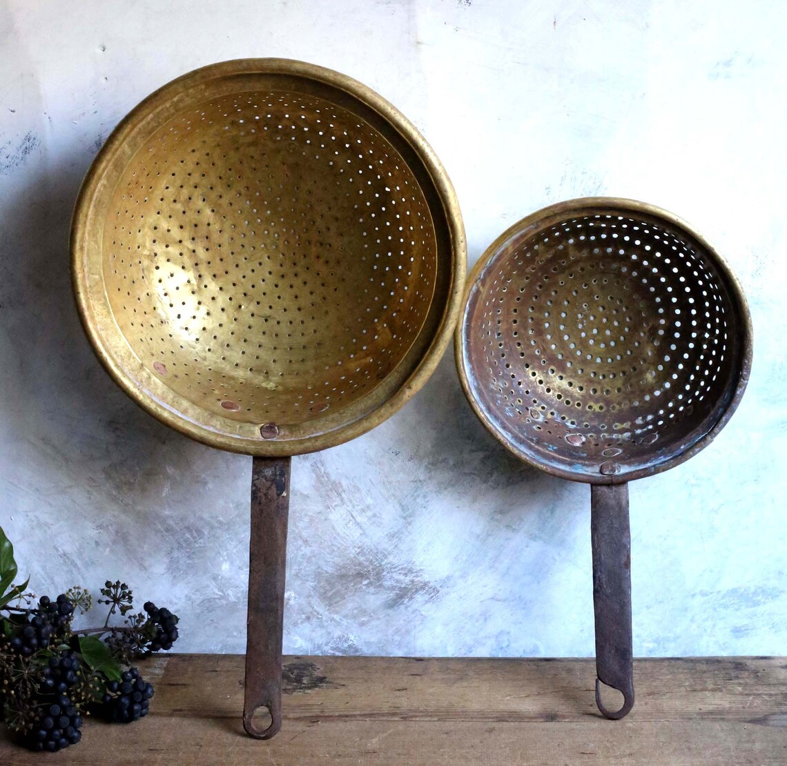 2 Rustic Antique Brass Colanders Two Primitive Old Long Handle Etsy