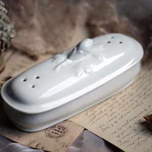 Puede incluir: Un salero de cerámica blanca con tapa y asa decorativa. El recipiente de forma ovalada tiene pequeños agujeros en la parte superior y se asienta sobre un fondo de papel vintage. También se ven flores secas y un objeto decorativo.