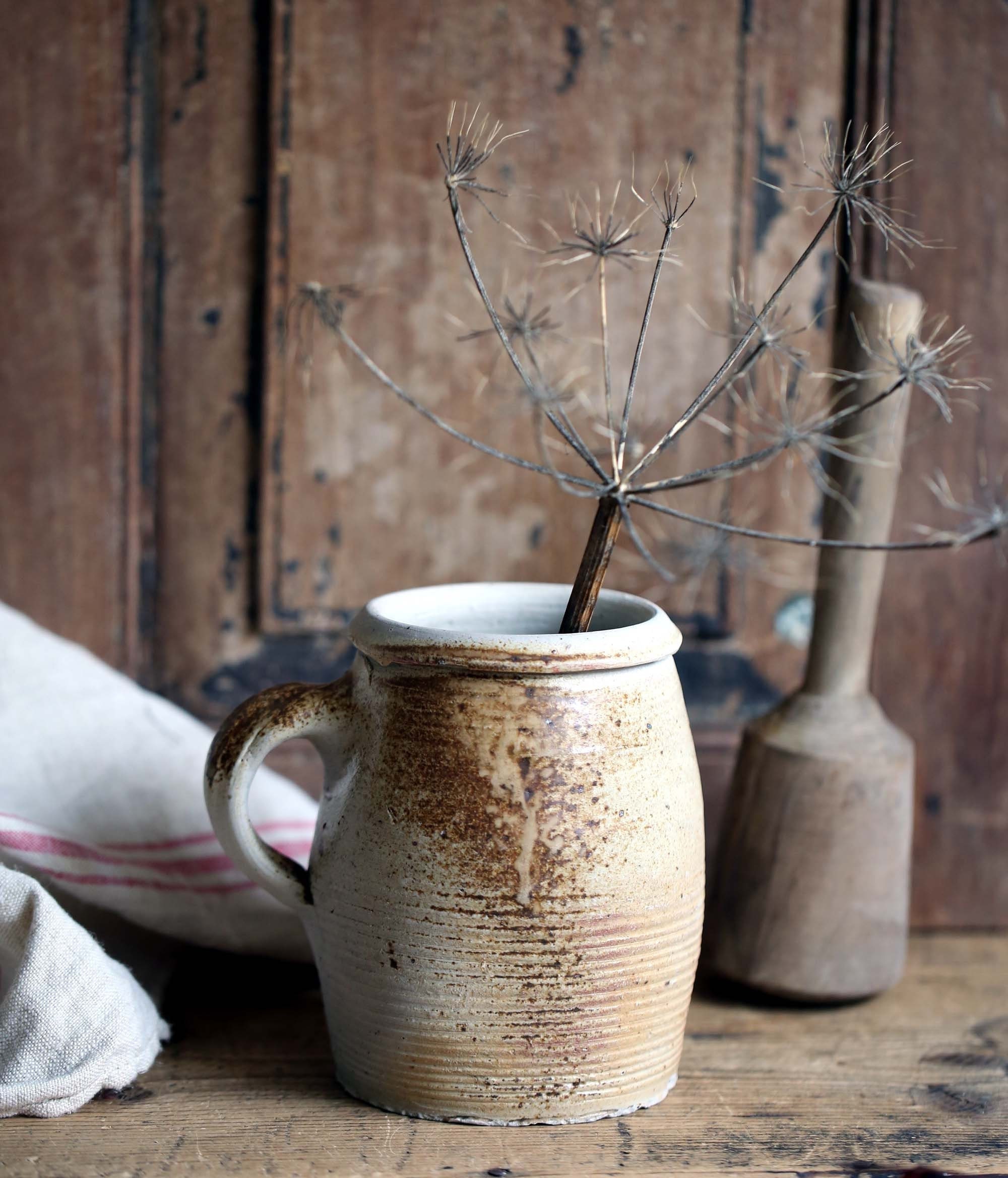 Antique Français Grès Vin Pitcher Jar Rustic Primitive Jug Confit Jarre Porte-Ustensiles