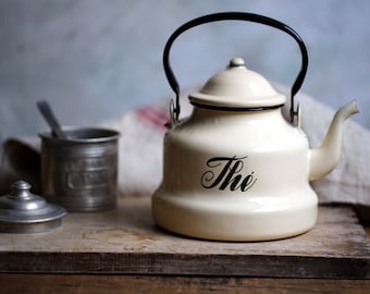 Vintage French Enamel Kettle Cream Enamelware Teapot The