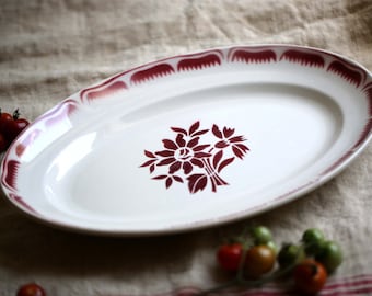 Large French Antique Ironstone Red Floral Stencilware Oval Platter Serving Plate