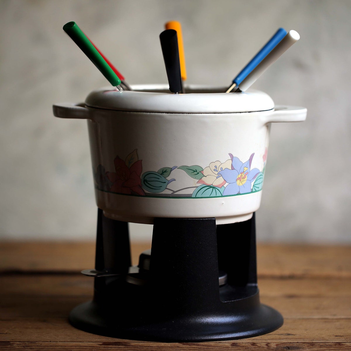 Boxed Vintage Le Creuset Fondue Set Cast Iron Sauce Pan French Floral Enamel Caraibe - Etsy