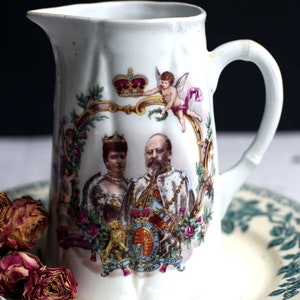 1902 Souvenir Jug Coronation of King Edward VII and Queen Alexandria Antique Porcelain Pitcher Vintage Memorabilia Royalty image 2