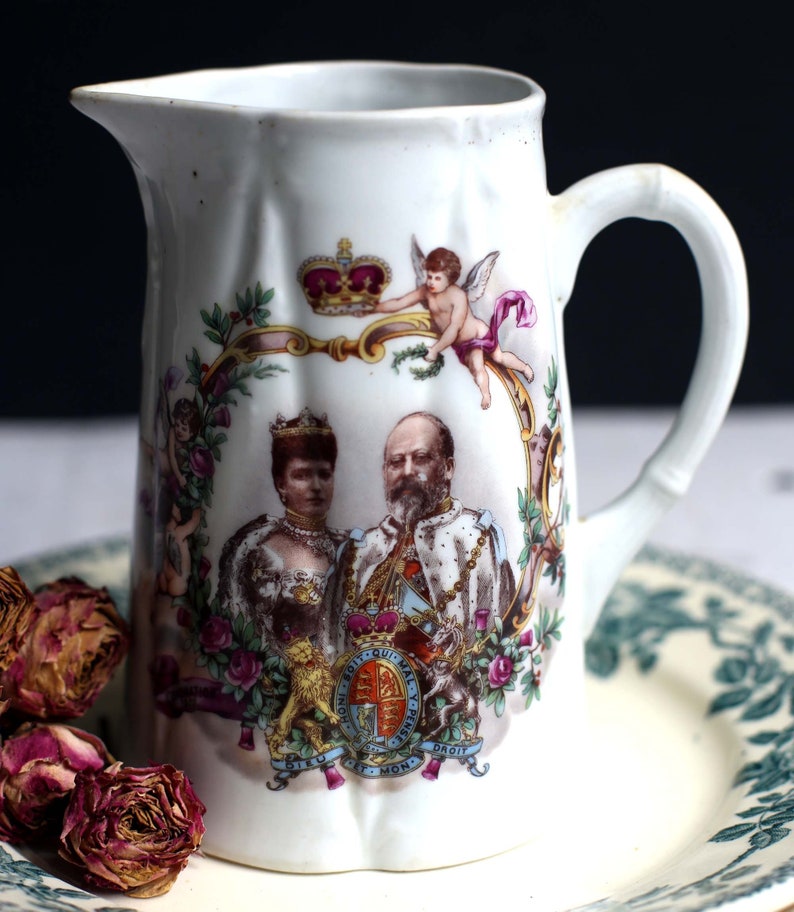 1902 Souvenir Jug Coronation of King Edward VII and Queen Alexandria Antique Porcelain Pitcher Vintage Memorabilia Royalty image 2