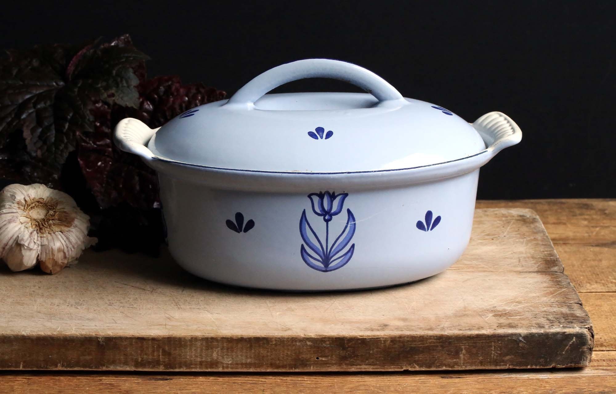 Vintage Blue Dru Pan Fonte Émail Casserole Dutch Oven Tulip Design Holland Taille 20