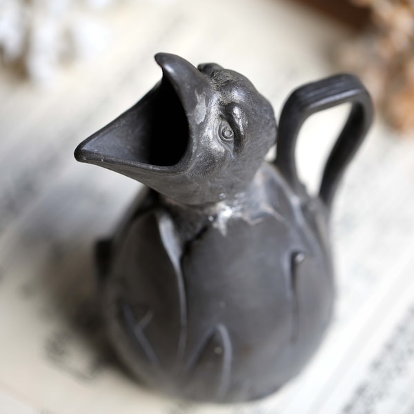 Antique French Art Nouveau Bird Jug Pewter Pitcher Chick Hatching Egg Signed Jean J Garnier