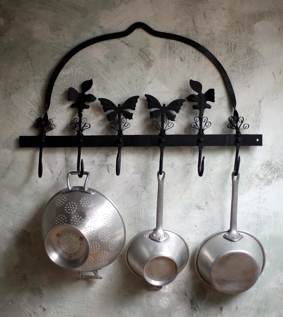 Antique Pan Rack Wall Mounted Pot Hanger Wrought Iron Hooks With ...