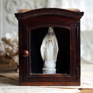 Antique French Religious Shrine: Carved Wood Niche with Virgin Mary Statue