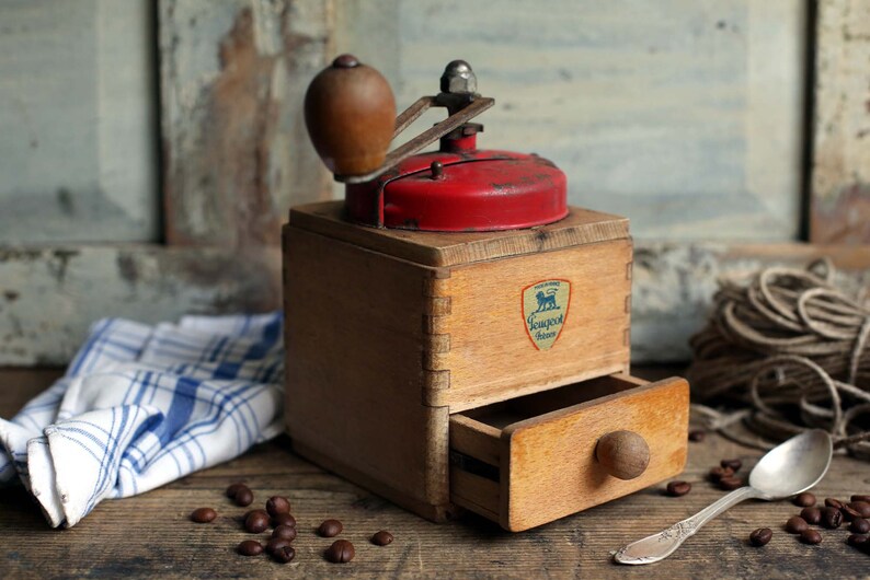 French Kitchen Vintage Red Peugeot Freres Wooden Coffee GrinderMill Mid Century
