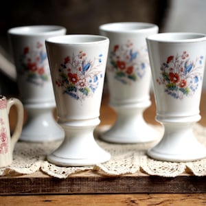 Set of 4 Antique French Brulots Bistro Cups Chunky Floral Porcelain Hot Chocolate Coffee Goblets Cups Mazagrans