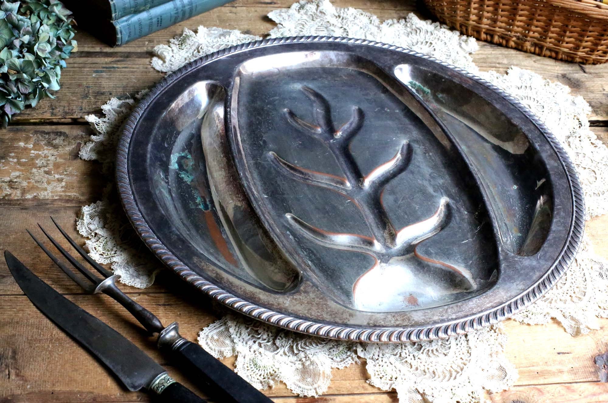 Grande Plaque d'français d'argent de Métal Service Plateau Viande Ronde Servant Le Dinde Art S Co Sp