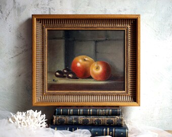 Nature morte originale peinture à l'huile de fruits sur toile vintage Art signé Bulte