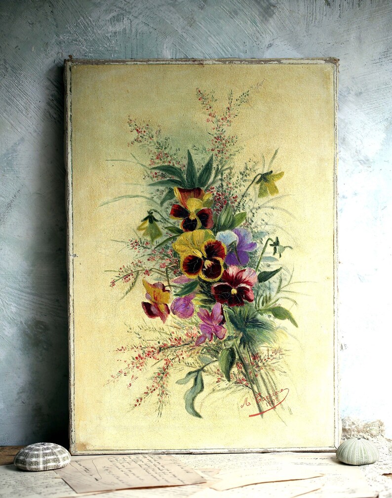 Original Français peinture à l'huile par M Carriere Art floral antique nature morte pensées image 1