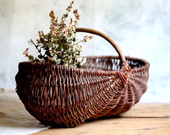 Panier de Pêche à Huîtres Rustique Antique en Osier, France en Bois Courbé en Saule Trug