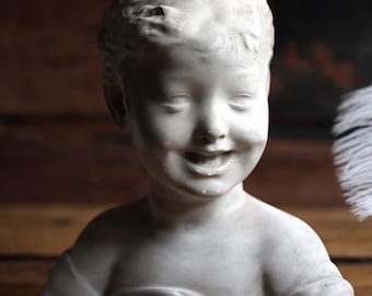 Large Antique Bust Laughing Child Plaster Statue of a Boy