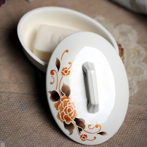 Antique Soap Dish With Lid Lidded Soap Holder Ceramic Vintage Bathroom Decor Floral Stencilware