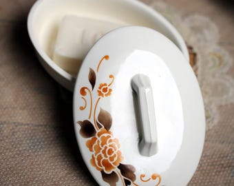 Antique Soap Dish With Lid Lidded Soap Holder Ceramic Vintage Bathroom Decor Floral Stencilware