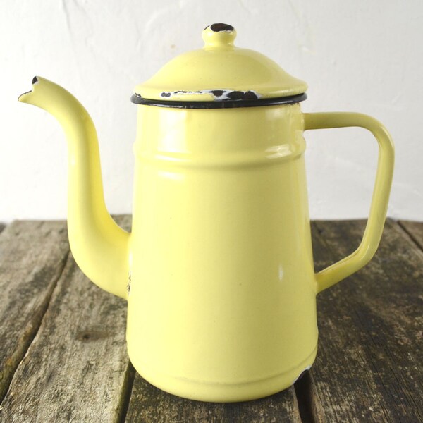 Sunny Yellow Vintage French Enamelware Coffee Pot & Lid Retro Enamel Cafetiere
