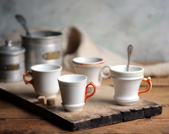 4 Antique Bistro Coffee Cups Old Orange & White Stripe Cafe Brulot Espresso Cups Sarreguemines