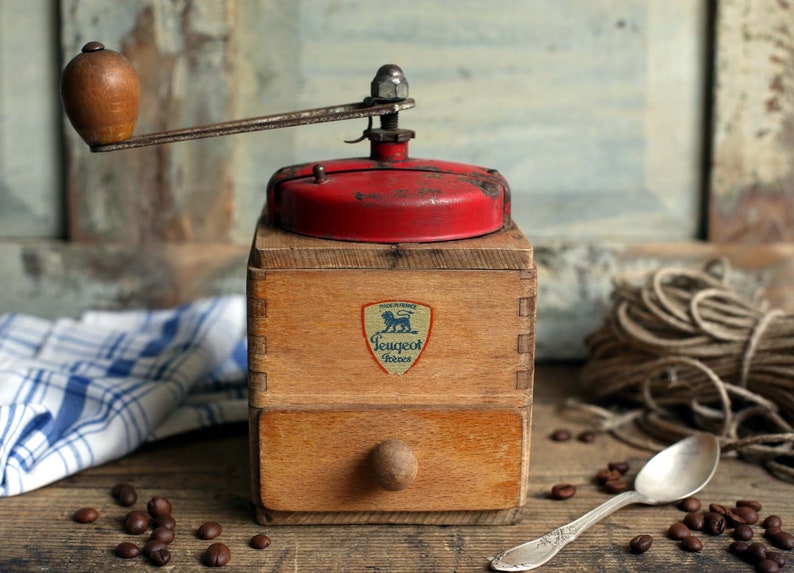 French Kitchen Vintage Red Peugeot Freres Wooden Coffee GrinderMill Mid Century